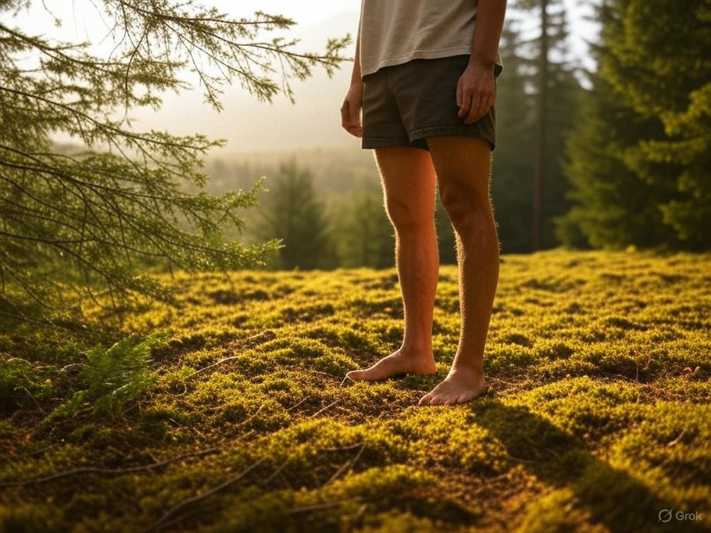 Barfotvandring på fuktig gress i en nordisk skog